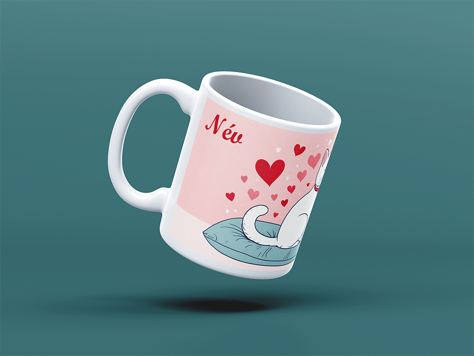 egyedi feliratos valentin napi bögre cicás szívecskés